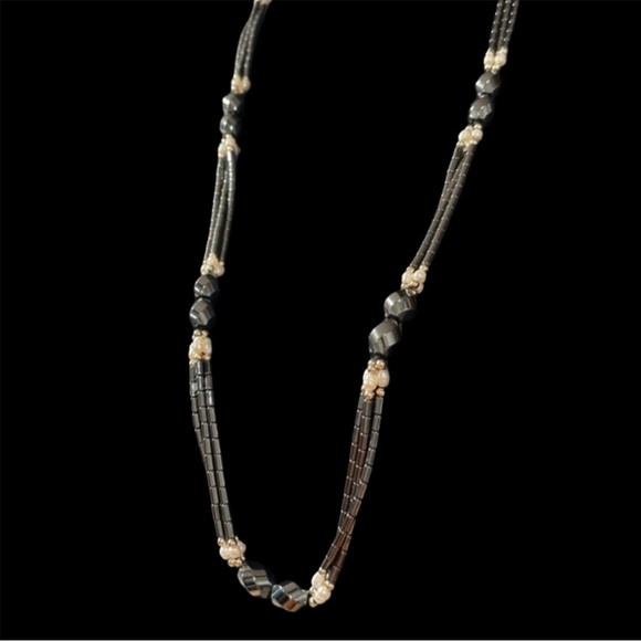 Vintage Twisted Hematite Triple Strand Fresh Water Pearls Long Necklace EUC - Picture 1 of 17